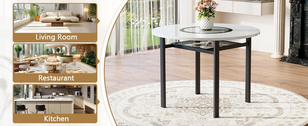English Elm 42 Inch Round Dining Table White Mdf Gray Glass Inlay Metal Legs Seats Four to Six W1151P366359
