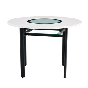 English Elm 42 Inch Round Dining Table White Mdf Gray Glass Inlay Metal Legs Seats Four to Six W1151P366359