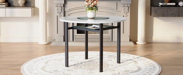 English Elm 42 Inch Round Dining Table White Mdf Gray Glass Inlay Metal Legs Seats Four to Six W1151P366359