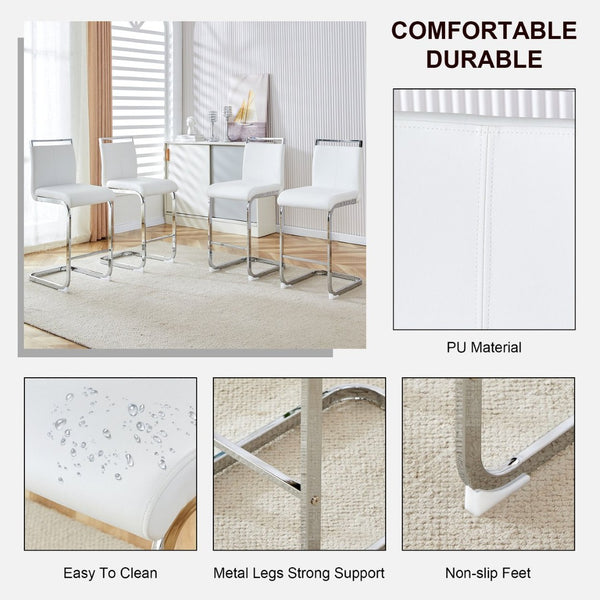 English Elm Modern Pu Leather Barstools Set of 6 with Chrome C-tube Legs for Kitchen or Home Bar White+Silver W1151P376523