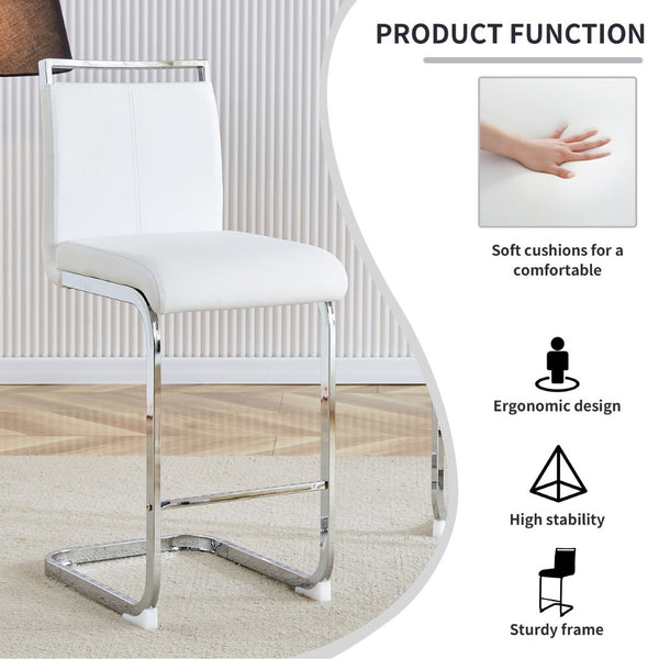 English Elm Modern Pu Leather Barstools Set of 6 with Chrome C-tube Legs for Kitchen or Home Bar White+Silver W1151P376523