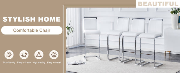 English Elm Modern Pu Leather Bar Stools Set of 6 with Silver C-leg Frame for Kitchen Islands White+Silver W1151P376532