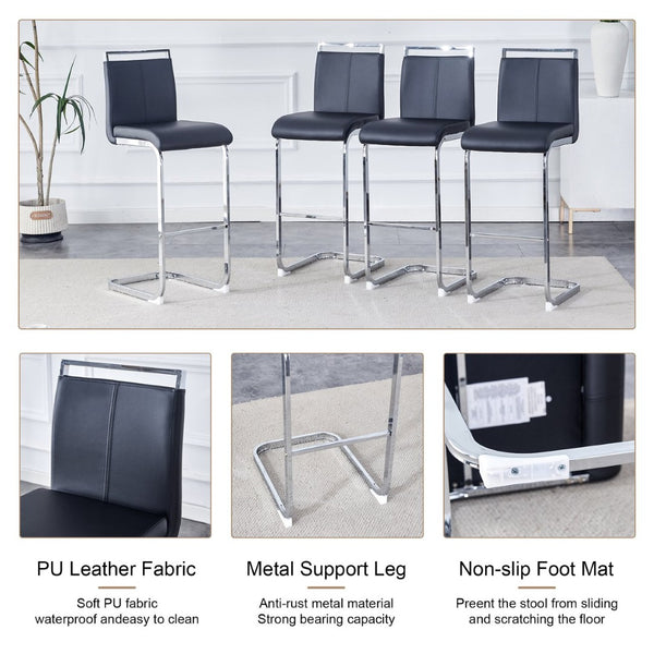 English Elm Modern Pu Leather Bar Stools Set of 6 with Silver C-leg Frame for Kitchen Islands Black+Silver W1151P376537