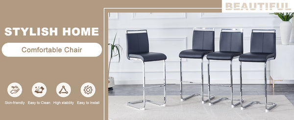 English Elm Modern Pu Leather Bar Stools Set of 6 with Silver C-leg Frame for Kitchen Islands Black+Silver W1151P376537