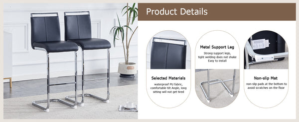English Elm Modern Pu Leather Bar Stools Set of 6 with Silver C-leg Frame for Kitchen Islands Black+Silver W1151P376537