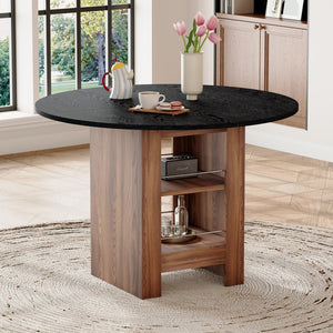 English Elm 42 Inch Round Mdf Dining Table with Double Shelf Storage for Kitchen or Apartment Black W1151P382515