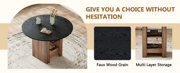 English Elm 42 Inch Round Mdf Dining Table with Double Shelf Storage for Kitchen or Apartment Black W1151P382515