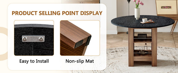 English Elm 42 Inch Round Mdf Dining Table with Double Shelf Storage for Kitchen or Apartment Black W1151P382515