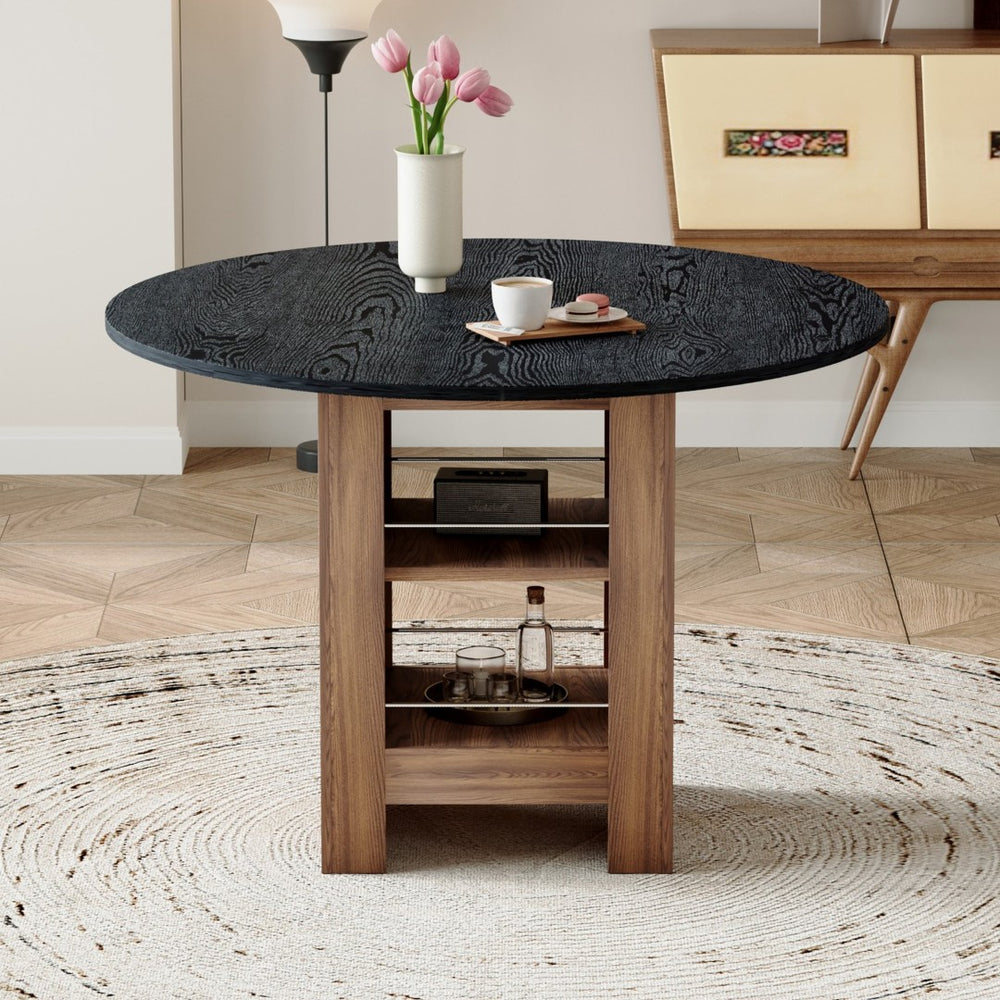 English Elm 42 Inch Round Mdf Dining Table with Double Shelf Storage for Kitchen or Apartment Black W1151P382515