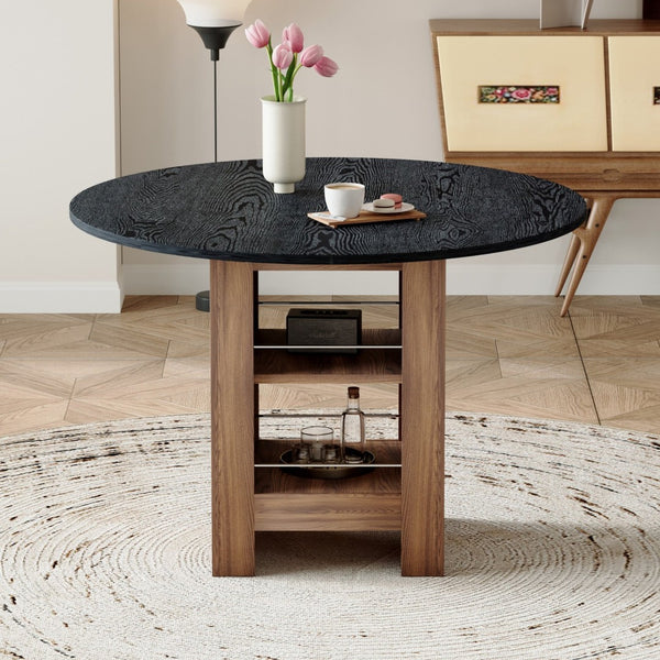 English Elm 42 Inch Round Mdf Dining Table with Double Shelf Storage for Kitchen or Apartment Black W1151P382515