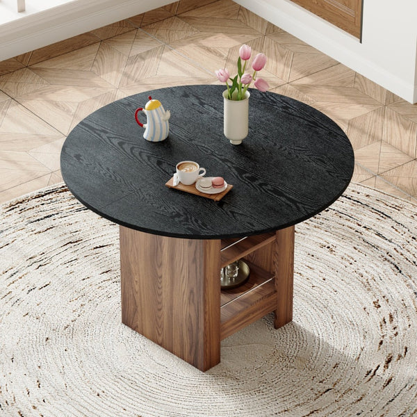 English Elm 42 Inch Round Mdf Dining Table with Double Shelf Storage for Kitchen or Apartment Black W1151P382515