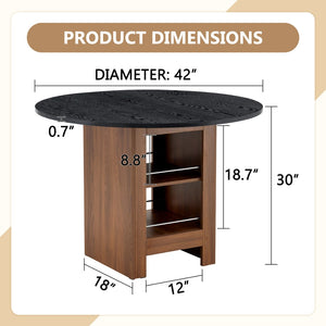 English Elm 42 Inch Round Mdf Dining Table with Double Shelf Storage for Kitchen or Apartment Black W1151P382515