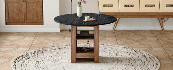 English Elm 42 Inch Round Mdf Dining Table with Double Shelf Storage for Kitchen or Apartment Black W1151P382515