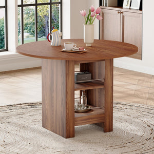 English Elm 42 Inch Round Mdf Dining Table with Double Shelf Storage for Kitchen or Apartment Walnut W1151P382519