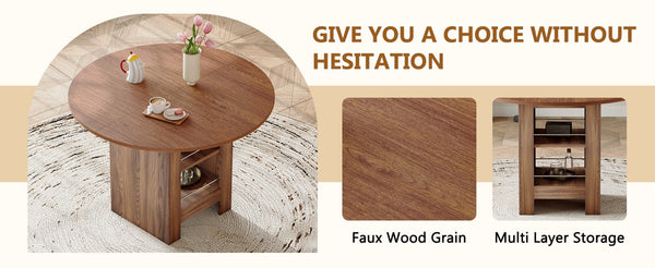 English Elm 42 Inch Round Mdf Dining Table with Double Shelf Storage for Kitchen or Apartment Walnut W1151P382519