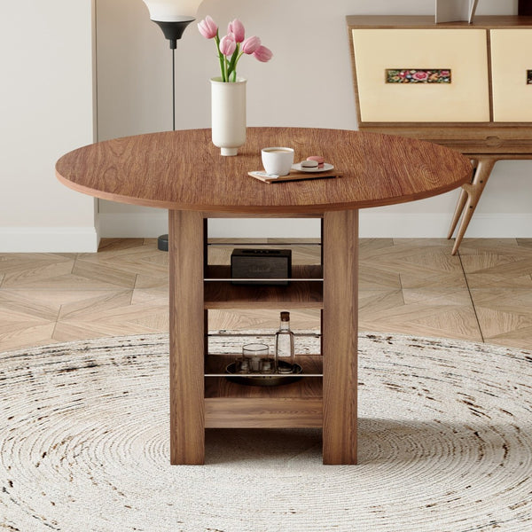 English Elm 42 Inch Round Mdf Dining Table with Double Shelf Storage for Kitchen or Apartment Walnut W1151P382519