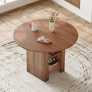 English Elm 42 Inch Round Mdf Dining Table with Double Shelf Storage for Kitchen or Apartment Walnut W1151P382519