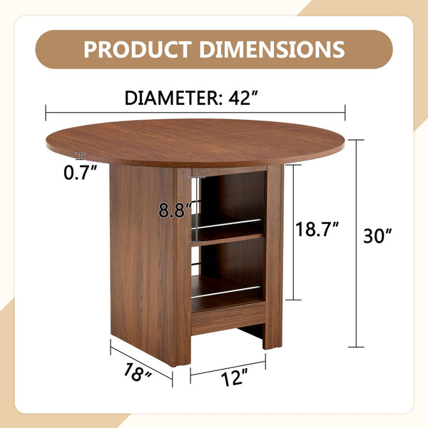 English Elm 42 Inch Round Mdf Dining Table with Double Shelf Storage for Kitchen or Apartment Walnut W1151P382519