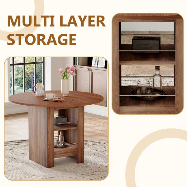 English Elm 42 Inch Round Mdf Dining Table with Double Shelf Storage for Kitchen or Apartment Walnut W1151P382519