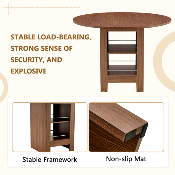 English Elm 42 Inch Round Mdf Dining Table with Double Shelf Storage for Kitchen or Apartment Walnut W1151P382519