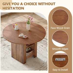 English Elm 42 Inch Round Mdf Dining Table with Double Shelf Storage for Kitchen or Apartment Walnut W1151P382519