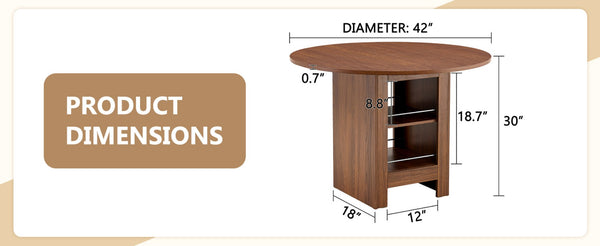 English Elm 42 Inch Round Mdf Dining Table with Double Shelf Storage for Kitchen or Apartment Walnut W1151P382519