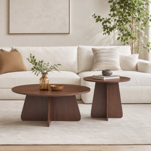 English Elm Retro-style Round Nesting Coffee Tables with Crisscross Base for Mid-century Living Rooms Walnut W1151P421941