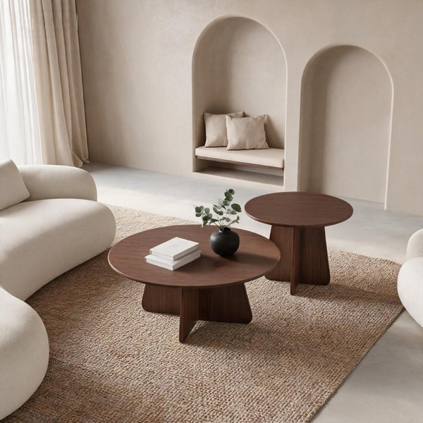 English Elm Retro-style Round Nesting Coffee Tables with Crisscross Base for Mid-century Living Rooms Walnut W1151P421941