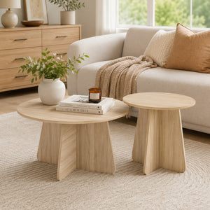 English Elm Retro-style Round Nesting Coffee Tables with Crisscross Base for Mid-century Living Rooms Natural Wood W1151P421942