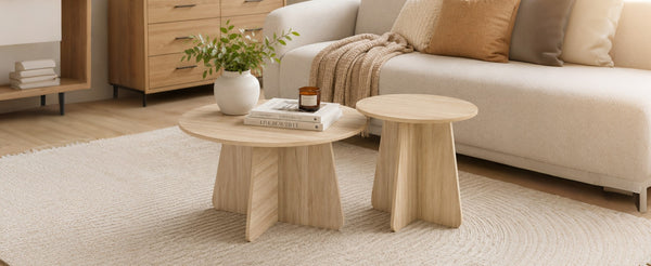 English Elm Retro-style Round Nesting Coffee Tables with Crisscross Base for Mid-century Living Rooms Natural Wood W1151P421942