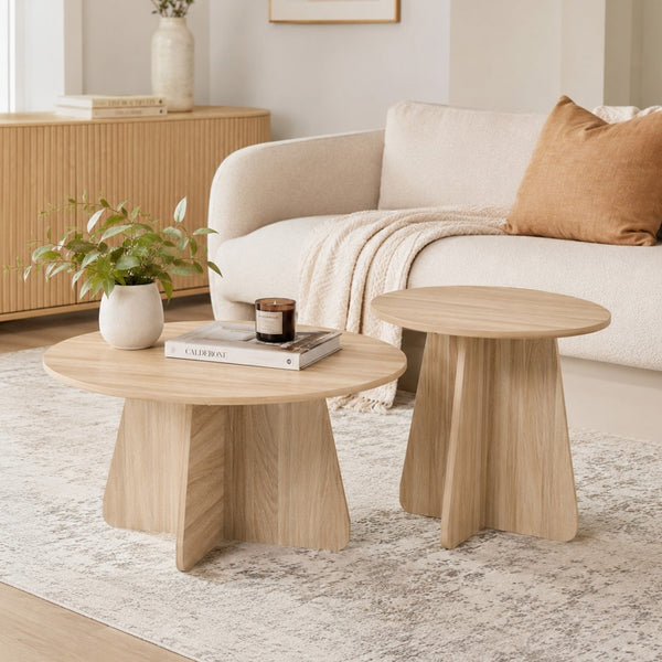 English Elm Retro-style Round Nesting Coffee Tables with Crisscross Base for Mid-century Living Rooms Natural Wood W1151P421942