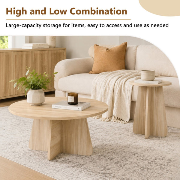 English Elm Retro-style Round Nesting Coffee Tables with Crisscross Base for Mid-century Living Rooms Natural Wood W1151P421942