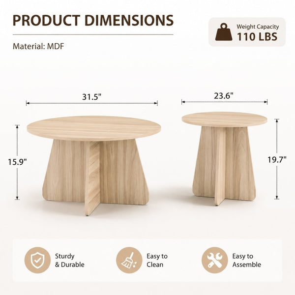 English Elm Retro-style Round Nesting Coffee Tables with Crisscross Base for Mid-century Living Rooms Natural Wood W1151P421942