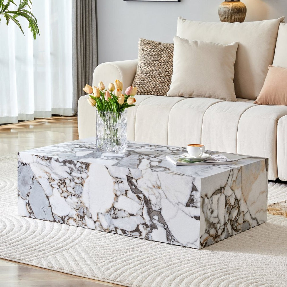 English Elm 39.3*21.7*11.8 Inch MDF Coffee Table with Marble Pattern Laminate Low Profile Living Room Accent White - B W1151P423237
