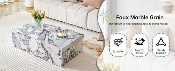 English Elm 39.3*21.7*11.8 Inch MDF Coffee Table with Marble Pattern Laminate Low Profile Living Room Accent White - B W1151P423237