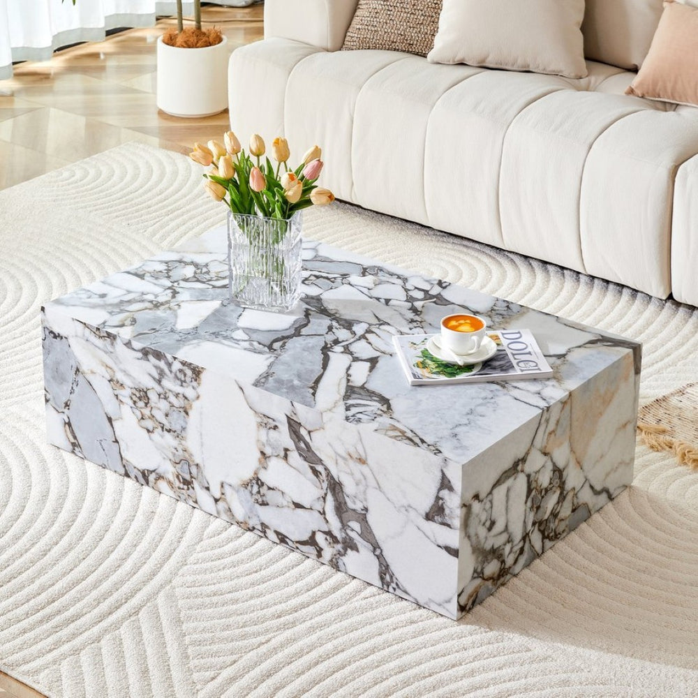 English Elm 39.3*21.7*11.8 Inch MDF Coffee Table with Marble Pattern Laminate Low Profile Living Room Accent White - B W1151P423237