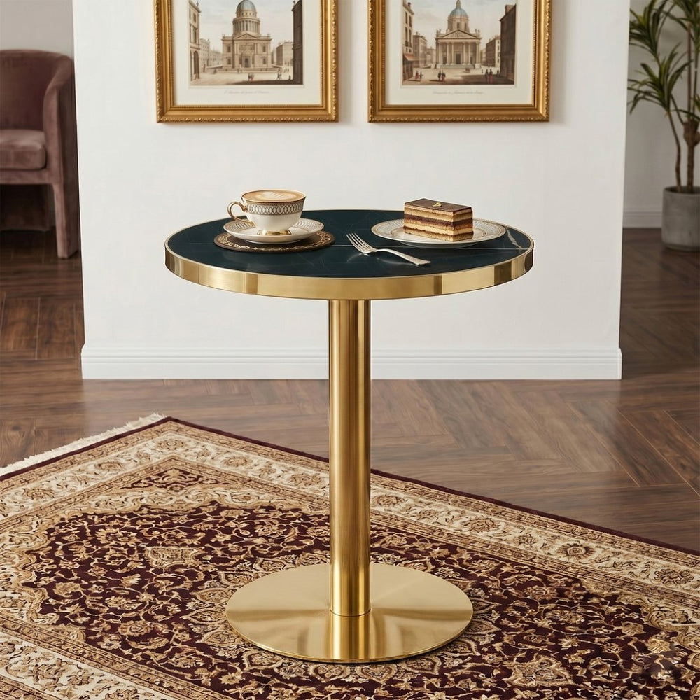 English Elm Modern Round Faux Marble Bistro Table Gold Pedestal Base Gloss Top Seats Two W1151P431134