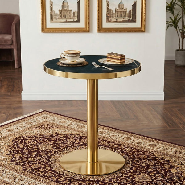 English Elm Modern Round Faux Marble Bistro Table Gold Pedestal Base Gloss Top Seats Two W1151P431134
