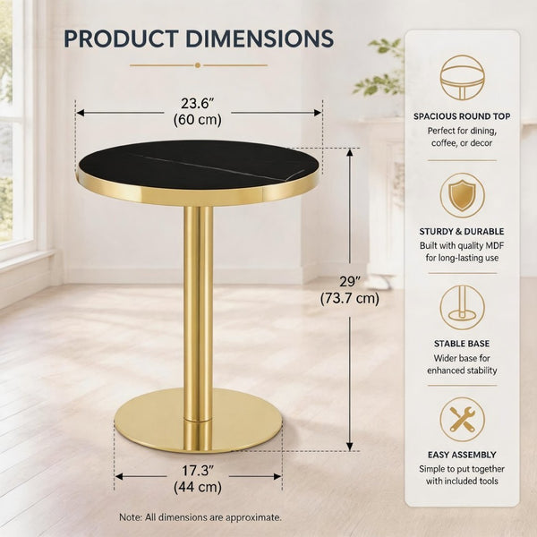 English Elm Modern Round Faux Marble Bistro Table Gold Pedestal Base Gloss Top Seats Two W1151P431134