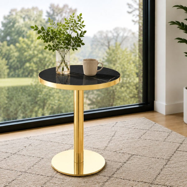 English Elm Modern Round Faux Marble Bistro Table Gold Pedestal Base Gloss Top Seats Two W1151P431134