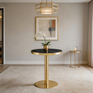 English Elm Modern Round Faux Marble Bistro Table Gold Pedestal Base Gloss Top Seats Two W1151P431134