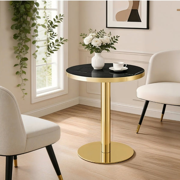 English Elm Modern Round Faux Marble Bistro Table Gold Pedestal Base Gloss Top Seats Two W1151P431134