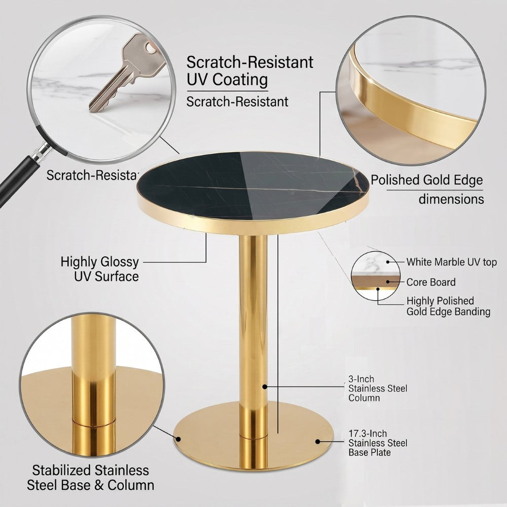 English Elm Modern Round Faux Marble Bistro Table Gold Pedestal Base Gloss Top Seats Two W1151P431134
