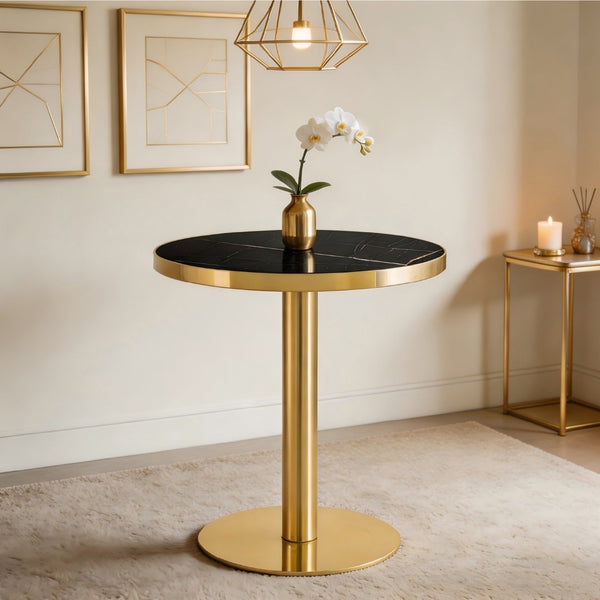 English Elm Modern Round Faux Marble Bistro Table Gold Pedestal Base Gloss Top Seats Two W1151P431134