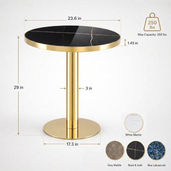 English Elm Modern Round Faux Marble Bistro Table Gold Pedestal Base Gloss Top Seats Two W1151P431134