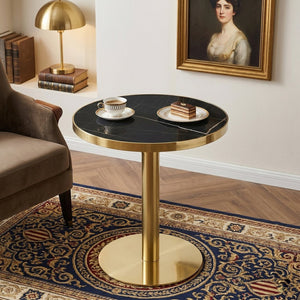 English Elm Modern Round Faux Marble Bistro Table Gold Pedestal Base Gloss Top Seats Two W1151P431134