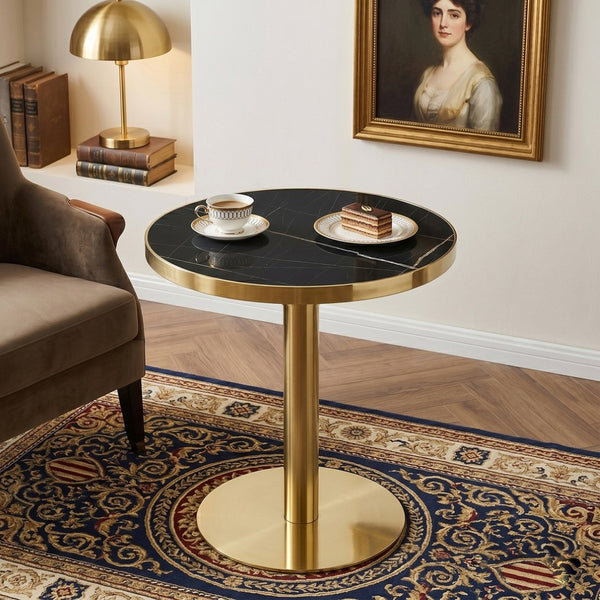 English Elm Modern Round Faux Marble Bistro Table Gold Pedestal Base Gloss Top Seats Two W1151P431134