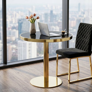 English Elm Modern Round Faux Marble Bistro Table Gold Pedestal Base Gloss Top Seats Two W1151P431134