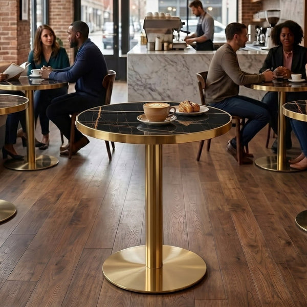 English Elm Modern Round Faux Marble Bistro Table Gold Pedestal Base Gloss Top Seats Two W1151P431134