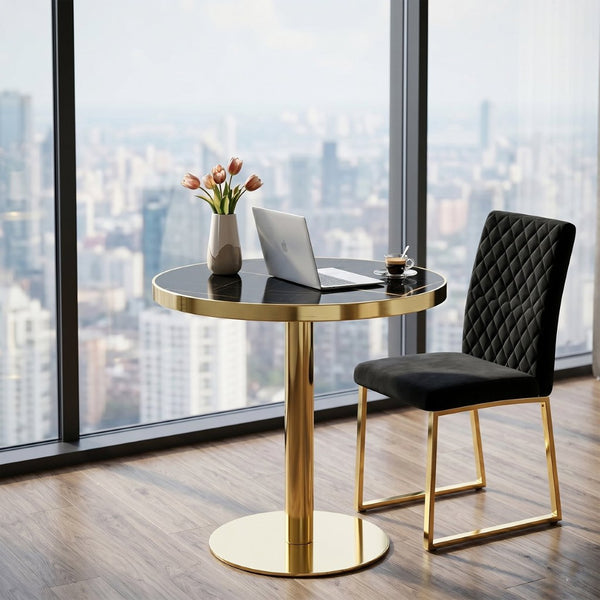 English Elm Modern Round Faux Marble Bistro Table Gold Pedestal Base Gloss Top Seats Two W1151P431134